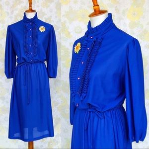 New! True Vintage✨70s Cobalt Blue Ruffled Front Midi Dress